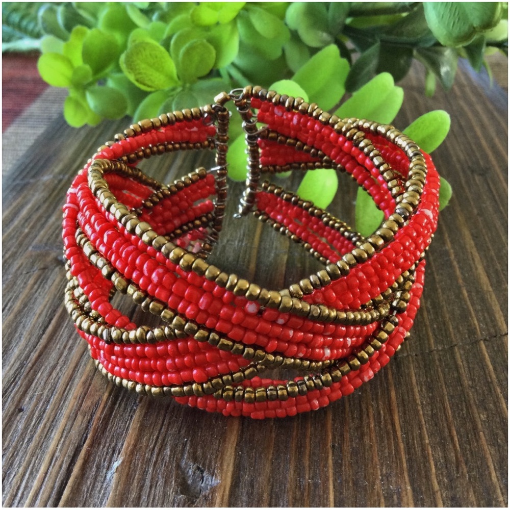 Handmade Twisted Flexible Seed Bead Braided Open Cuff Bracelet – Red & Gold